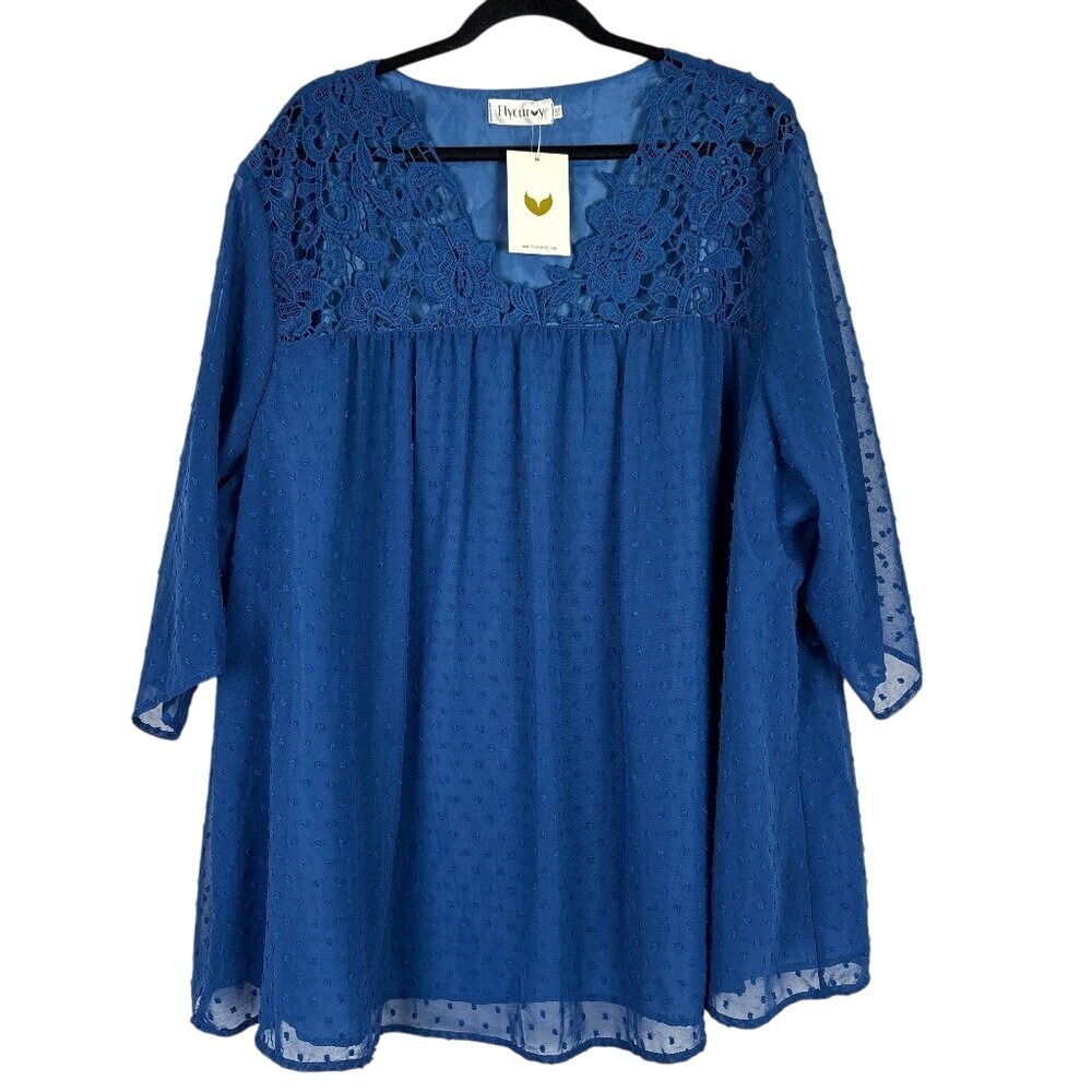 NWT Flycurvy Blue Lace Boho Tunic Top Size‎ 5XL Sheer Sleeves Feminine Blouse